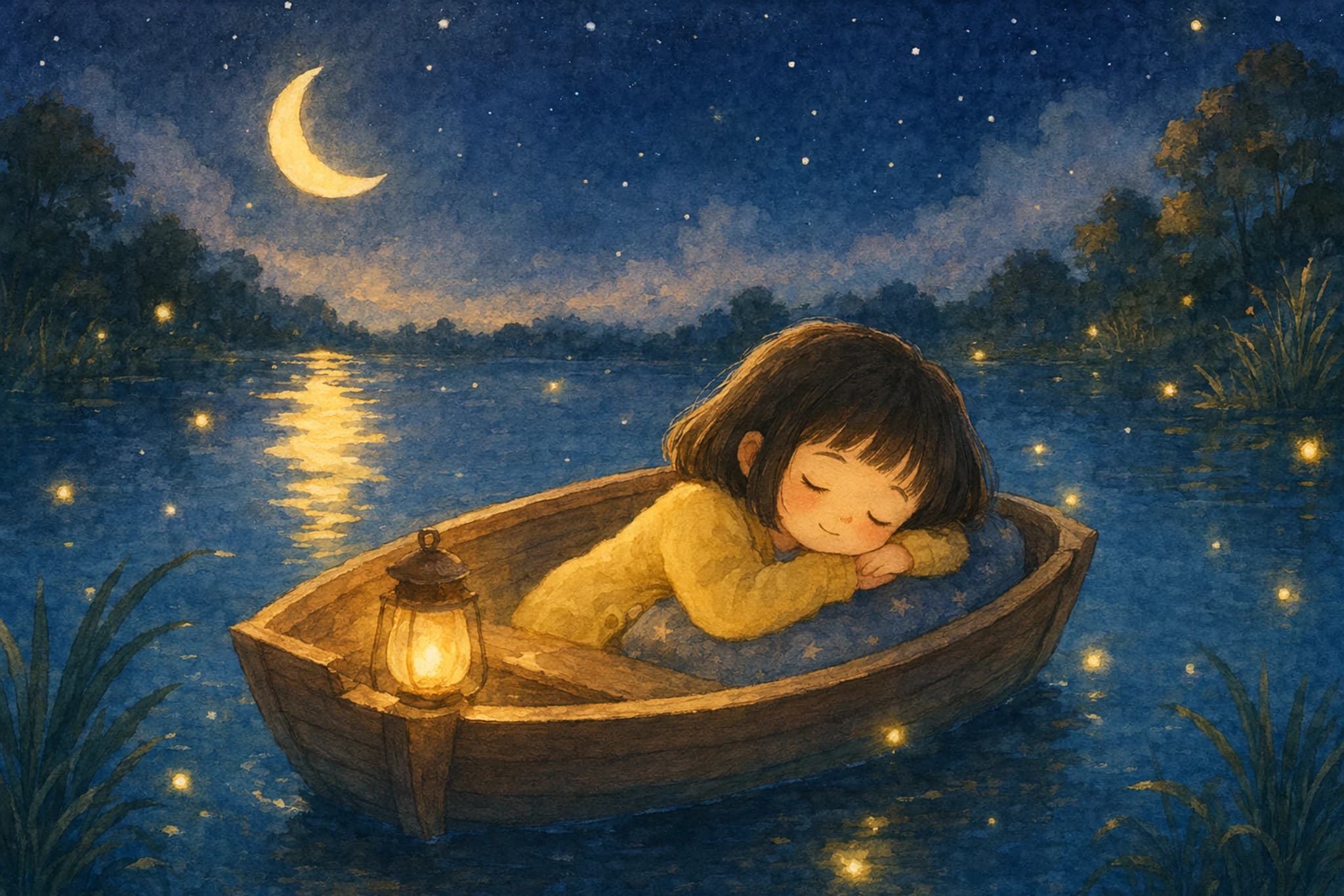 별이 뜬 호수 위 작은 배에서 잠든 아이 수채화 삽화
